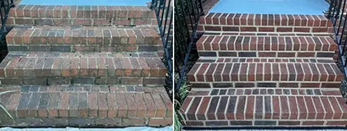Tuckpointing brick repair on Brick Staircase